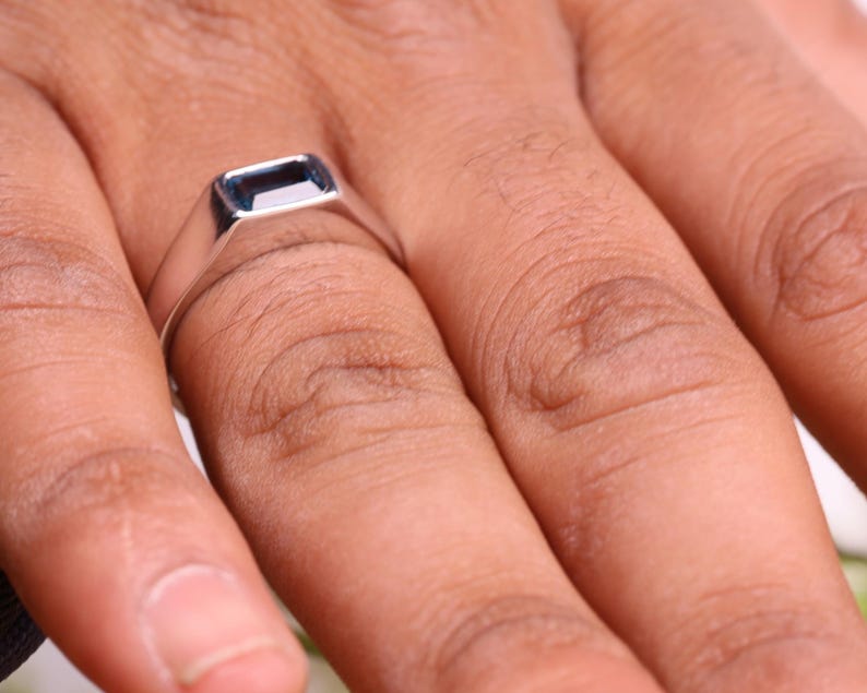 Emerald Cut Blue Topaz Mens Wedding Band,  Anniversary Gift For Him