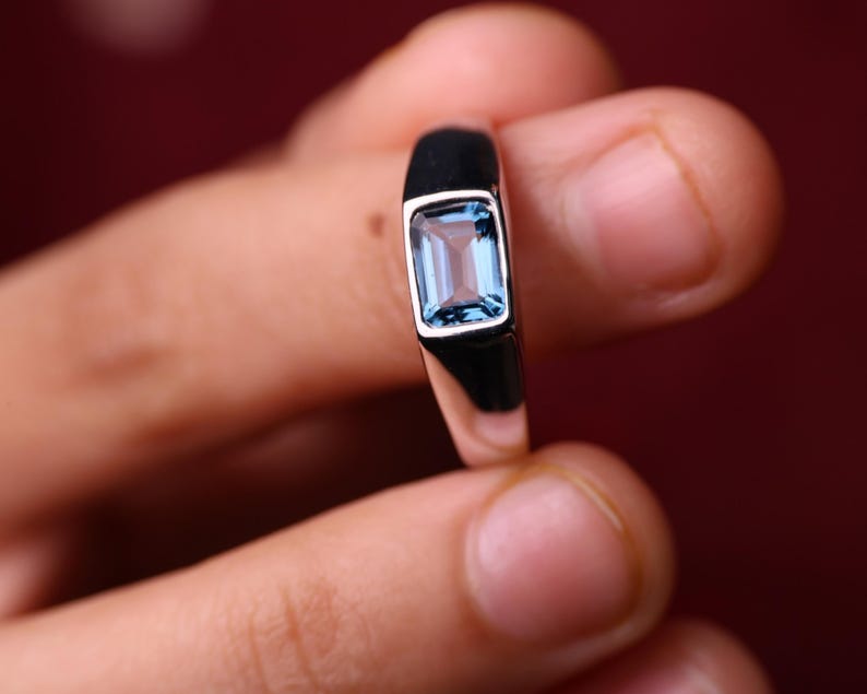 Emerald Cut Blue Topaz Mens Wedding Band,  Anniversary Gift For Him