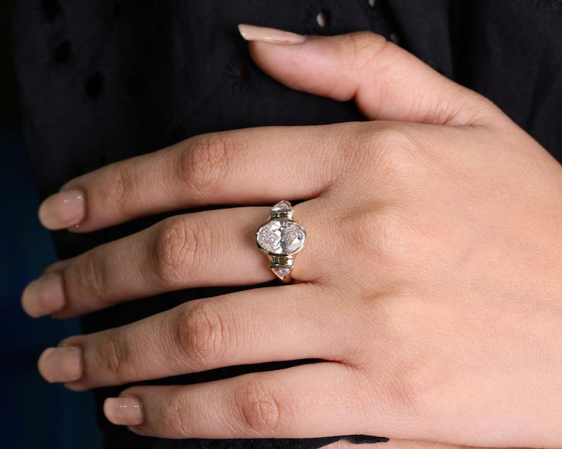 14k Gold Oval Three Stone Lab Grown Diamond Engagement Ring for Women