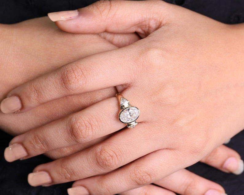 14k Gold Oval Three Stone Lab Grown Diamond Engagement Ring for Women