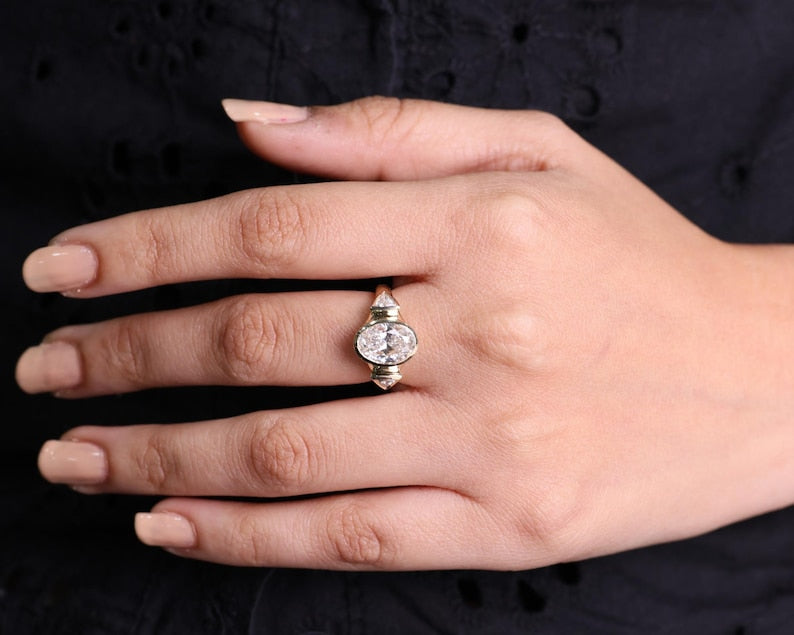 14k Gold Oval Three Stone Lab Grown Diamond Engagement Ring for Women