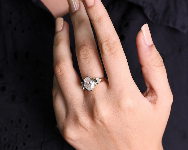 14k Gold Oval Three Stone Lab Grown Diamond Engagement Ring for Women