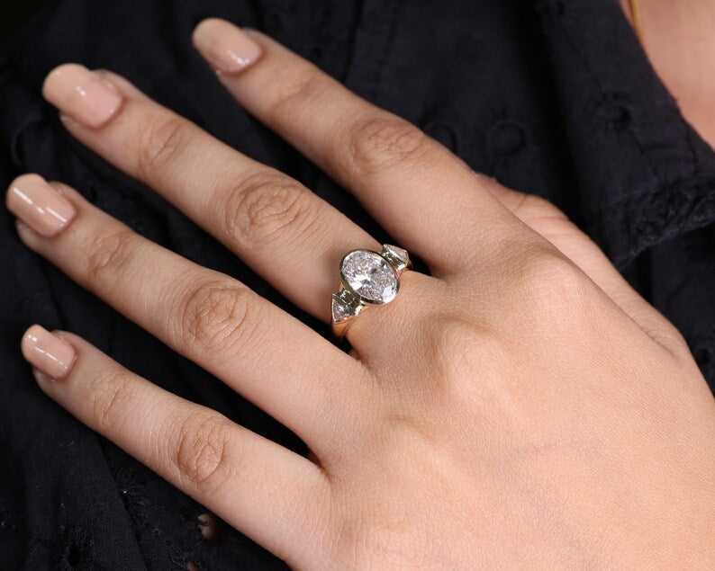 14k Gold Oval Three Stone Lab Grown Diamond Engagement Ring for Women