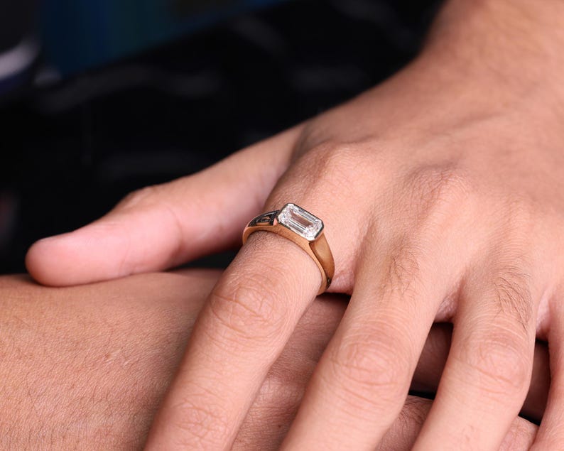 Emerald Cut Lab Grown Diamond Signet Ring, 14K Gold Bezel Set Dainty Engagement Ring