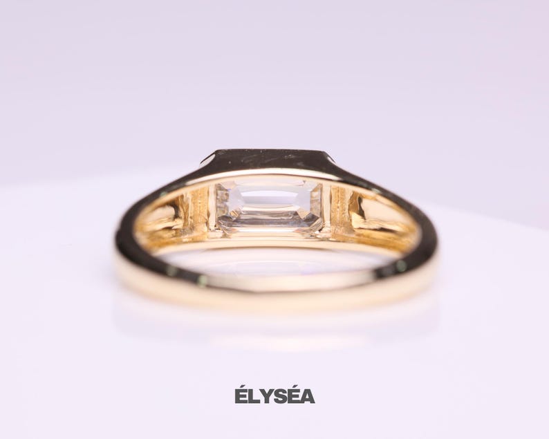 Emerald Cut Lab Grown Diamond Signet Ring, 14K Gold Bezel Set Dainty Engagement Ring