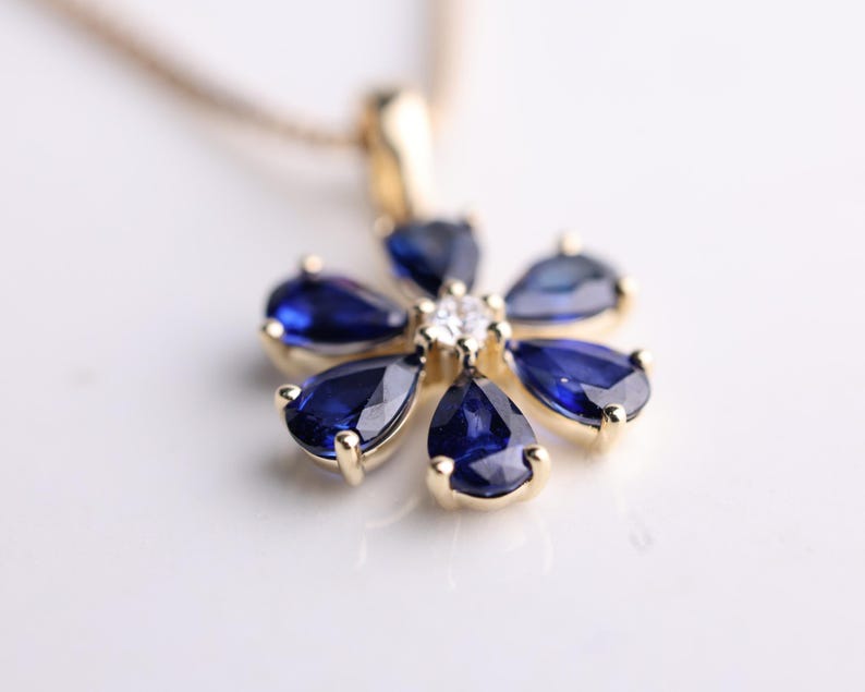 14K Gold Blue Sapphire Pendant Necklace, September Birthstone Jewelry