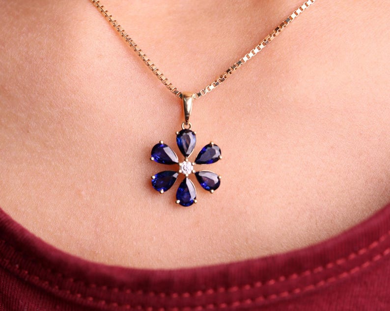 14K Gold Blue Sapphire Pendant Necklace, September Birthstone Jewelry