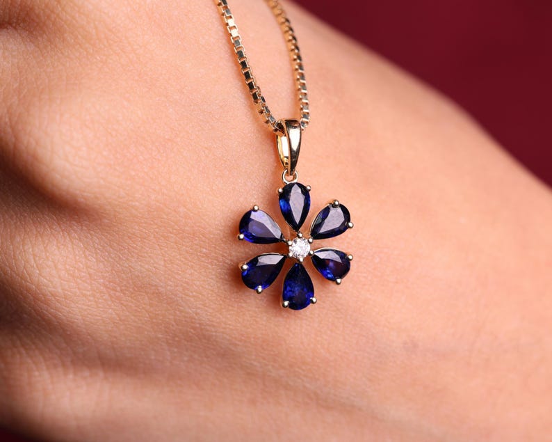14K Gold Blue Sapphire Pendant Necklace, September Birthstone Jewelry