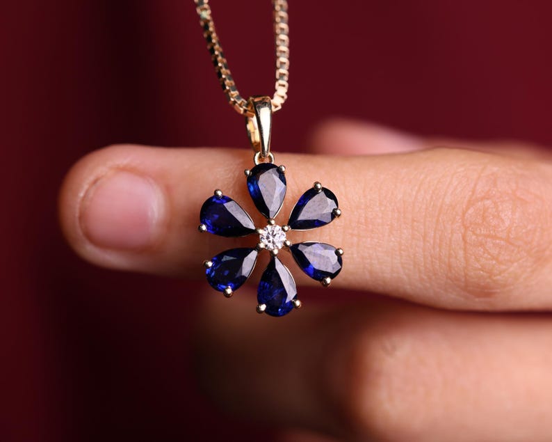 14K Gold Blue Sapphire Pendant Necklace, September Birthstone Jewelry