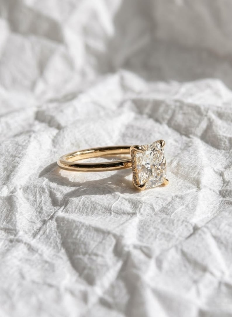 Unique Cushion Cut Lab Grown Diamond Engagement Ring, 14K Solid Gold Diamond Bridal Ring