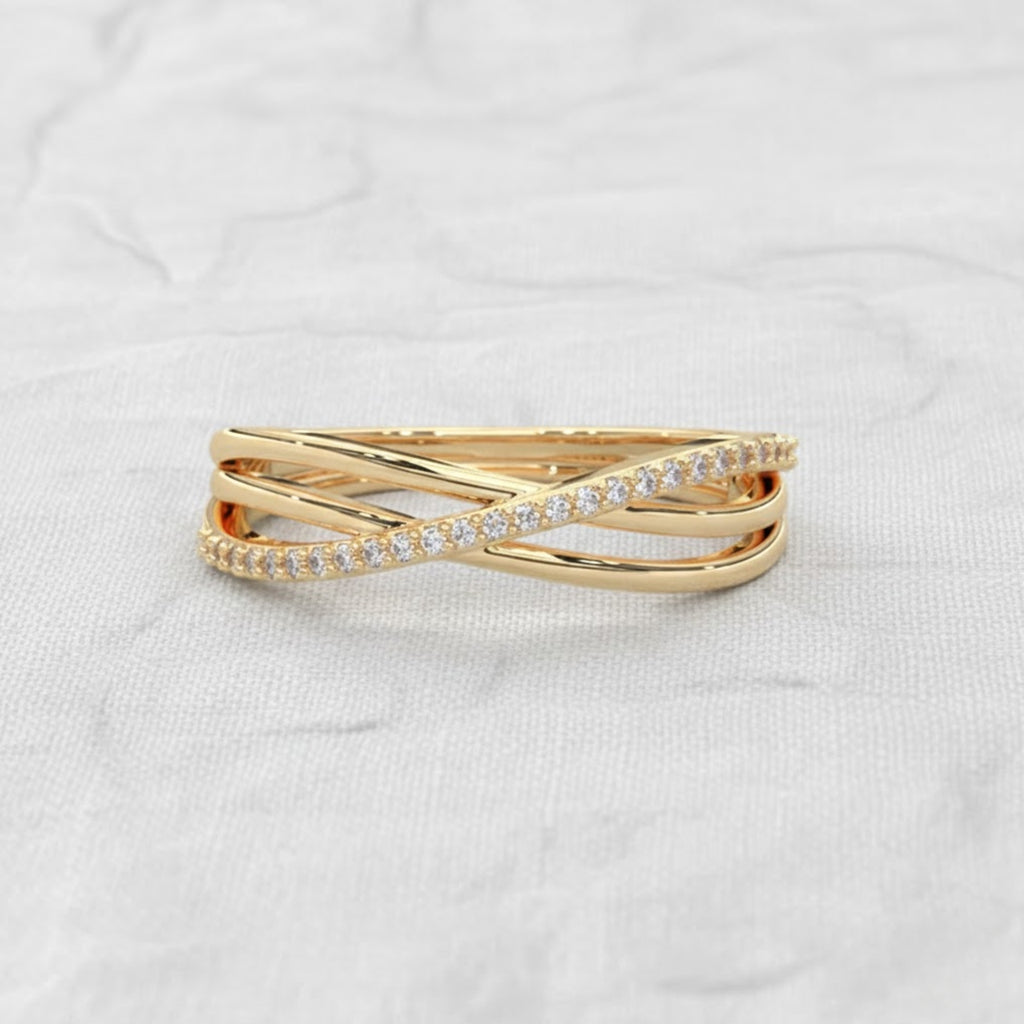Crossover Round Lab Diamond Wedding Ring 14K Solid Yellow Gold Criss Cross Engagement Ring