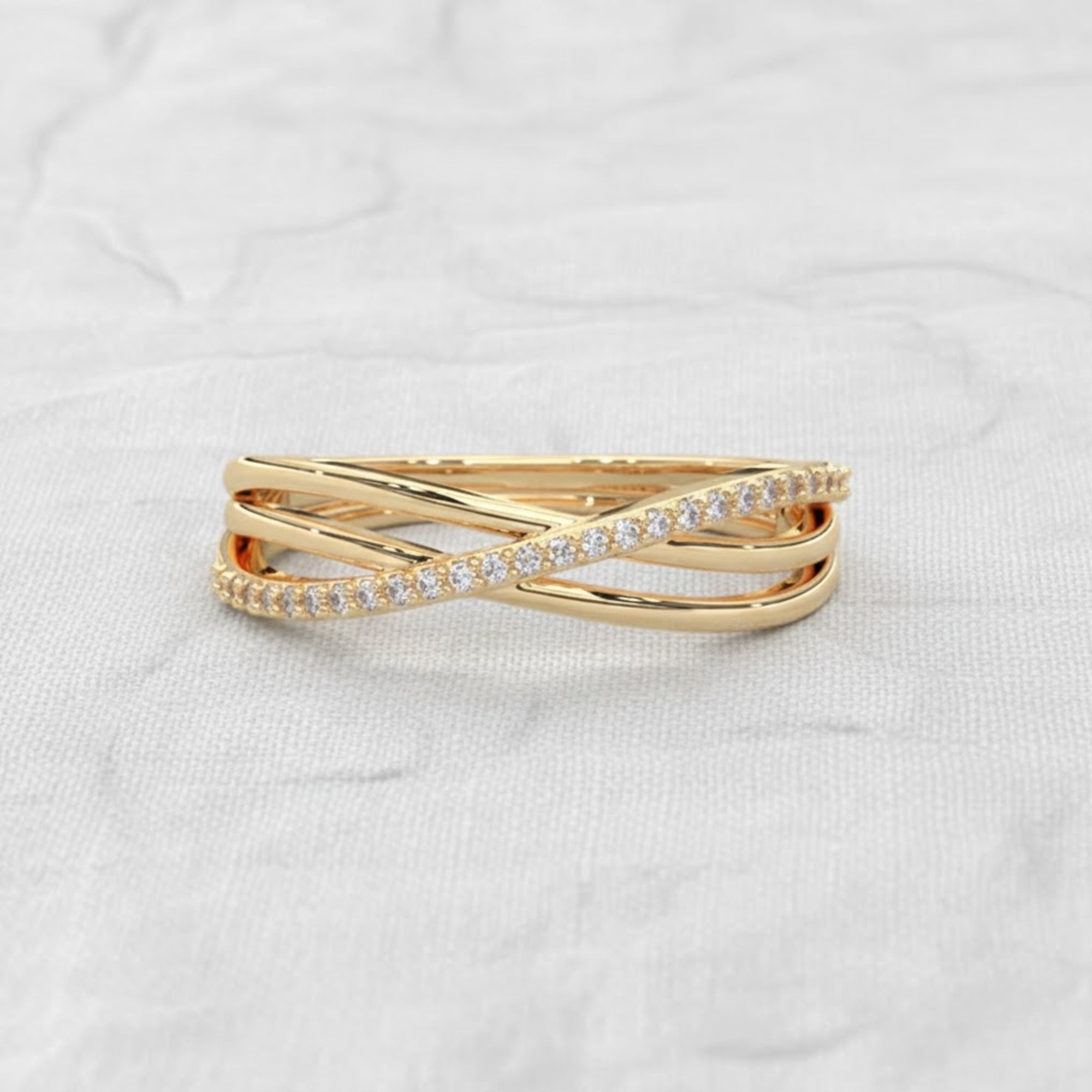 Crossover Round Lab Diamond Wedding Ring 14K Solid Yellow Gold Criss Cross Engagement Ring