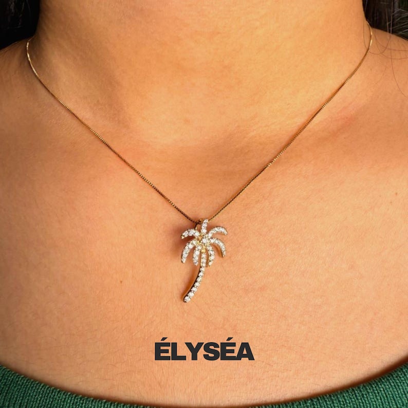 14K Solid Gold Diamond Palm Tree Pendant Necklace