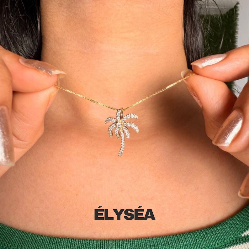 14K Solid Gold Diamond Palm Tree Pendant Necklace