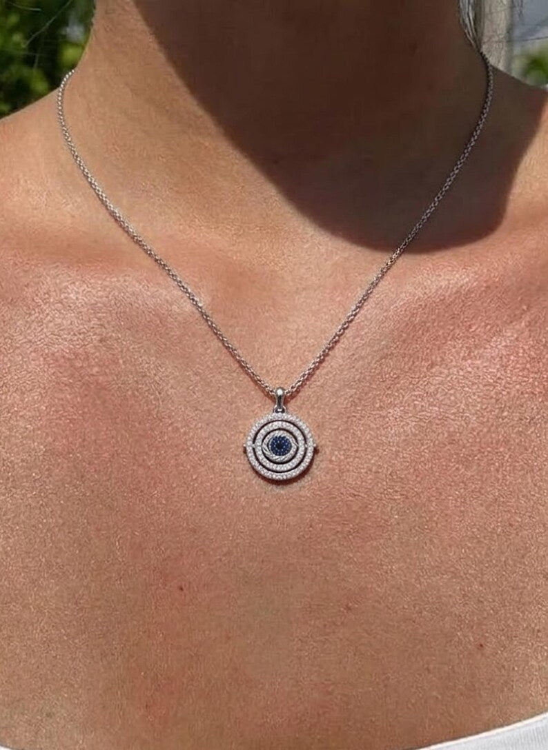 14K Gold Dainty Evil Eye Protector Sun Pave Pendant, Gift for her