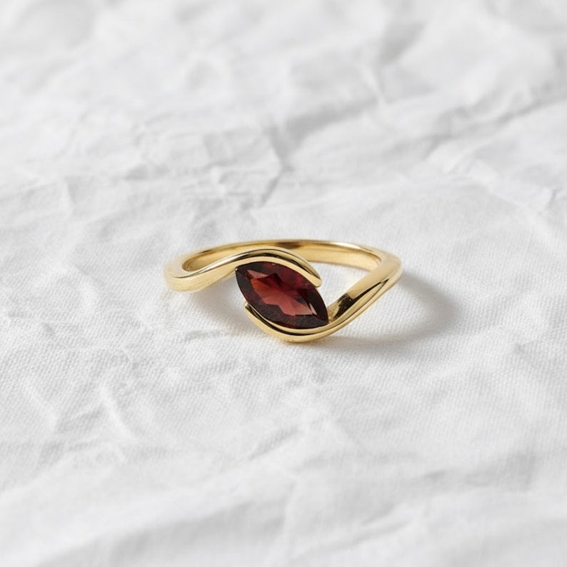 Marquise Cut Red Garnet Engagement Ring, Solitaire Bypass Anniversary Band, 14K Solid Gold