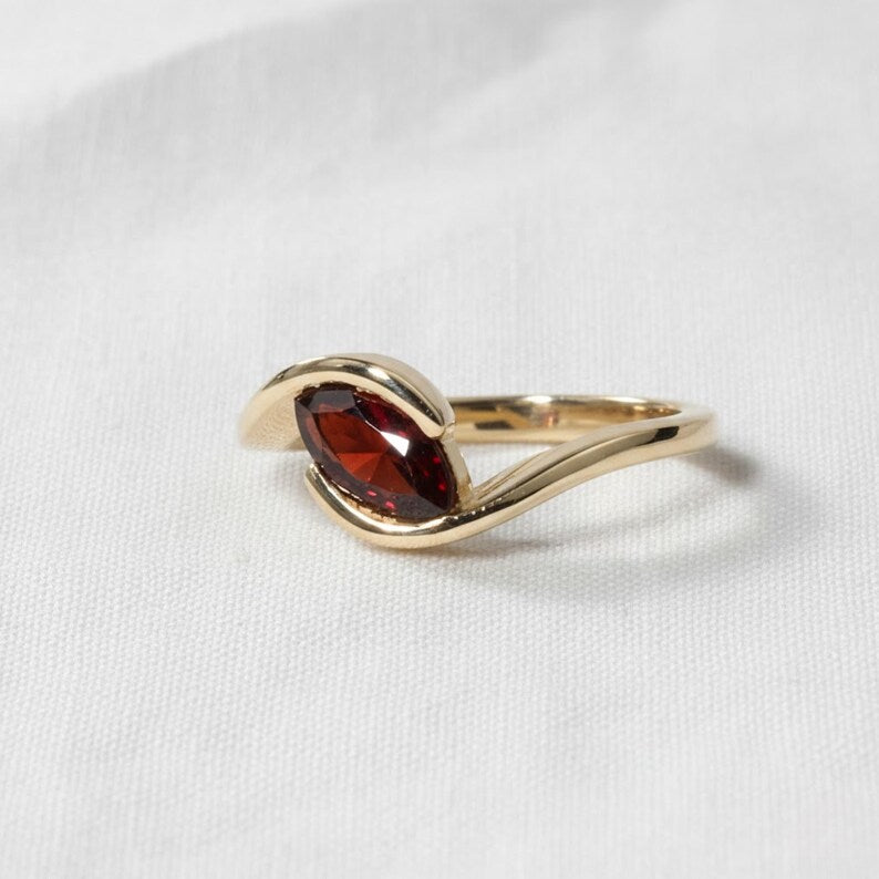 Marquise Cut Red Garnet Engagement Ring, Solitaire Bypass Anniversary Band, 14K Solid Gold