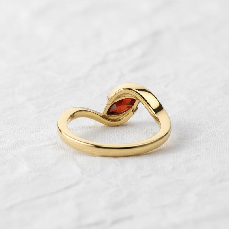 Marquise Cut Red Garnet Engagement Ring, Solitaire Bypass Anniversary Band, 14K Solid Gold