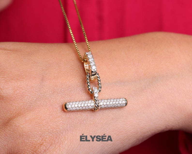 14K Gold Pave Lab Grown Diamond T Bar Pendant, Minimalist Fine Jewelry