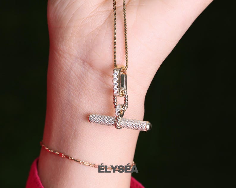 14K Gold Pave Lab Grown Diamond T Bar Pendant, Minimalist Fine Jewelry