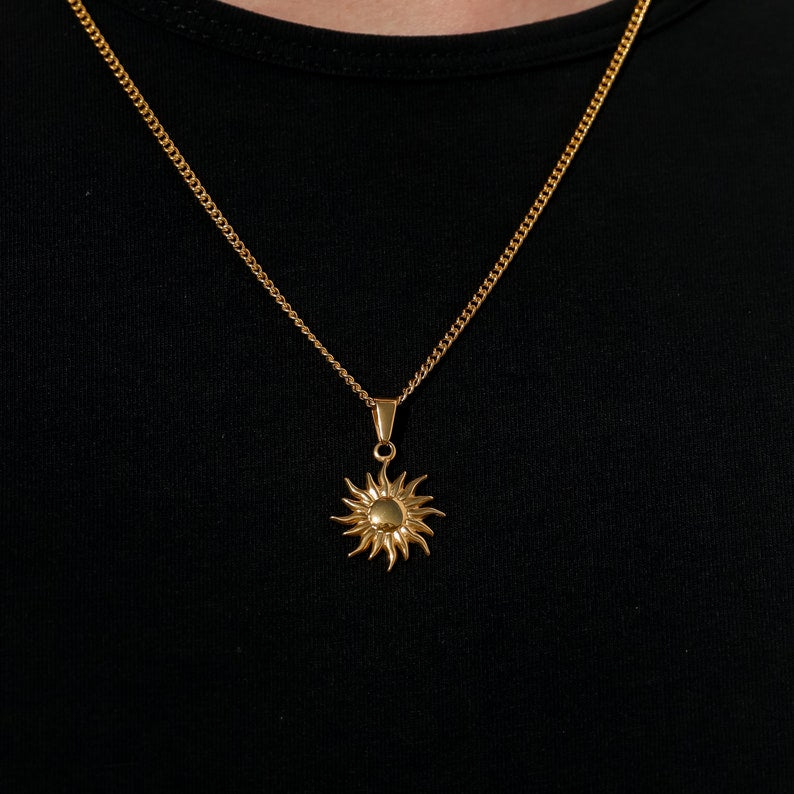 14K Gold Sun Pendant Necklace For Men