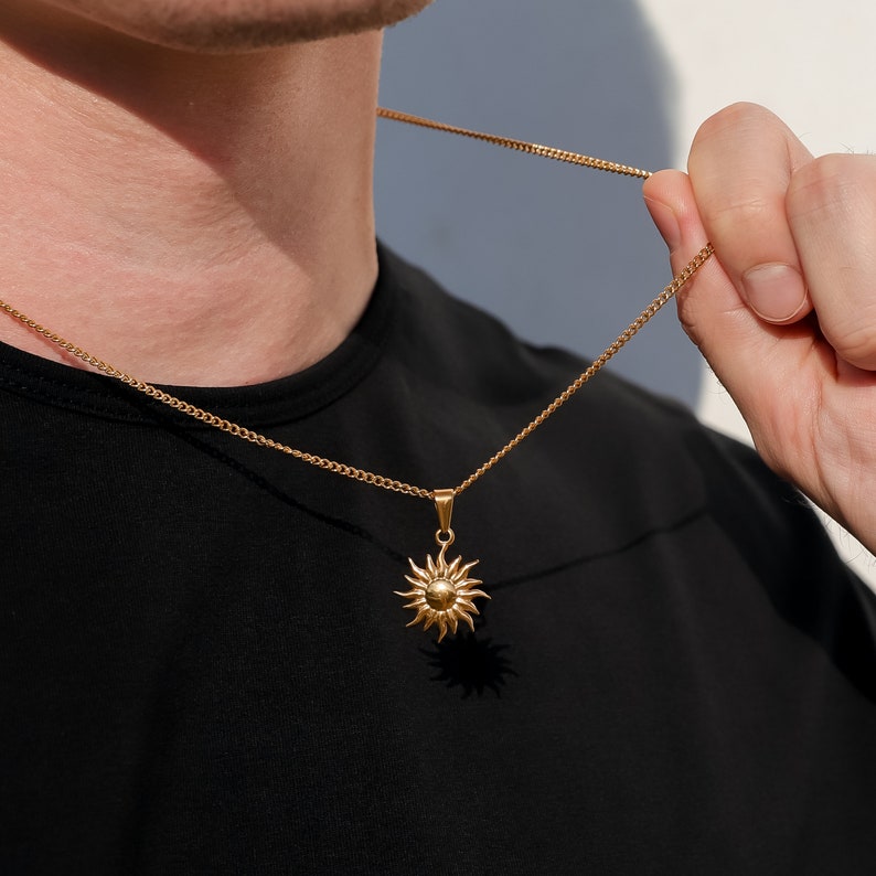14K Gold Sun Pendant Necklace For Men