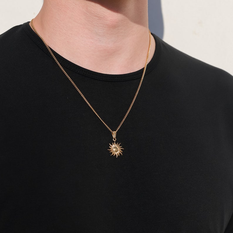 14K Gold Sun Pendant Necklace For Men
