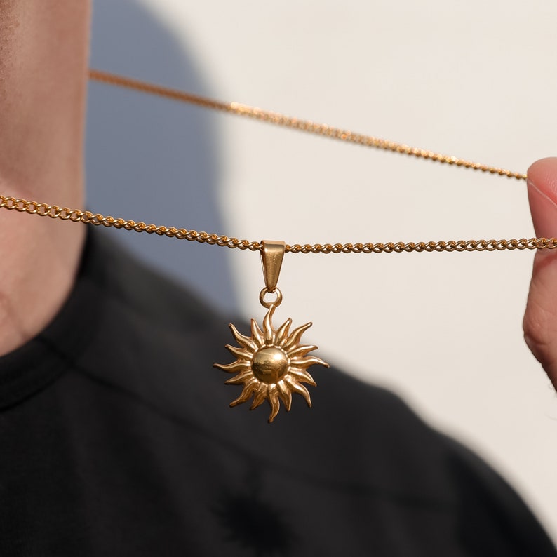 14K Gold Sun Pendant Necklace For Men