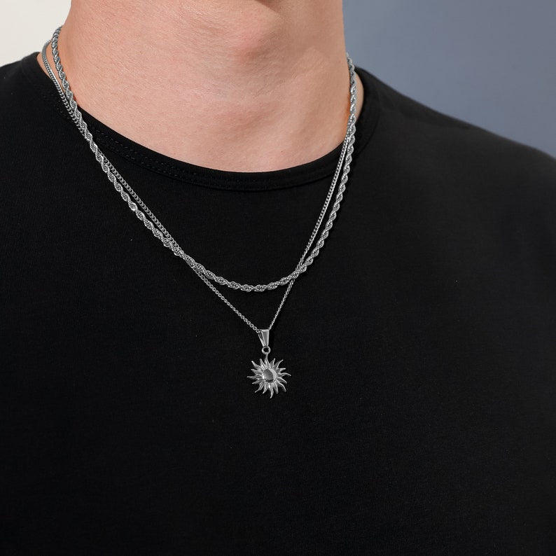 14K Gold Sun Pendant Necklace For Men