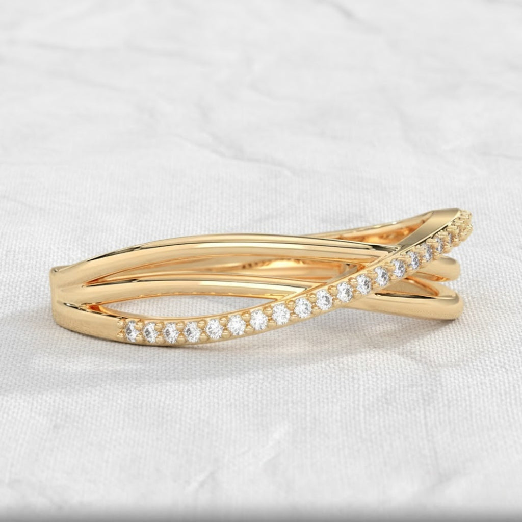 Crossover Round Lab Diamond Wedding Ring 14K Solid Yellow Gold Criss Cross Engagement Ring