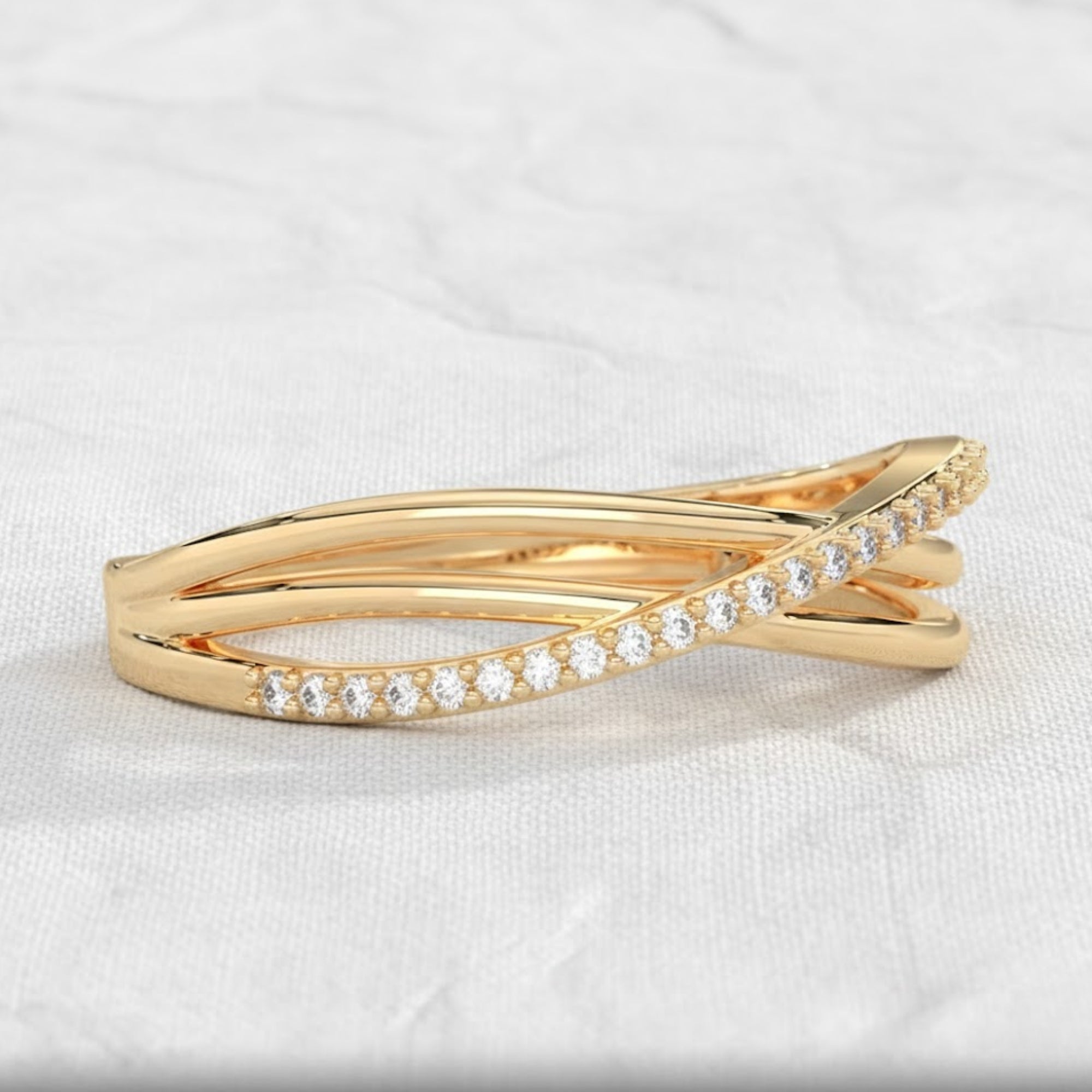 Crossover Round Lab Diamond Wedding Ring 14K Solid Yellow Gold Criss Cross Engagement Ring