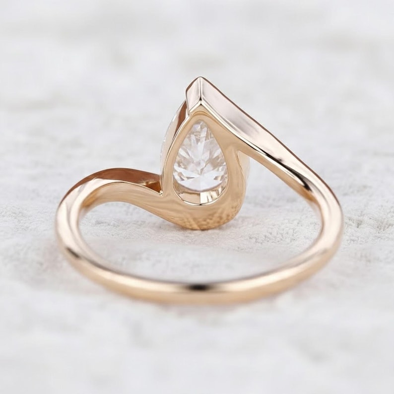Pear Cut Lab Grown Diamond Engagement Ring, Half Bezel Wedding Ring for Women