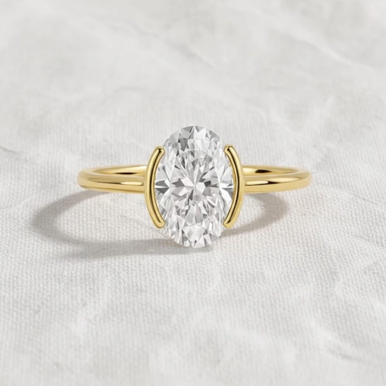 2 Carat Oval Lab Grown Diamond Half Bezel Solitaire Ring / 14K Gold Unique Oval Diamond Ring, Dainty Engagement Ring