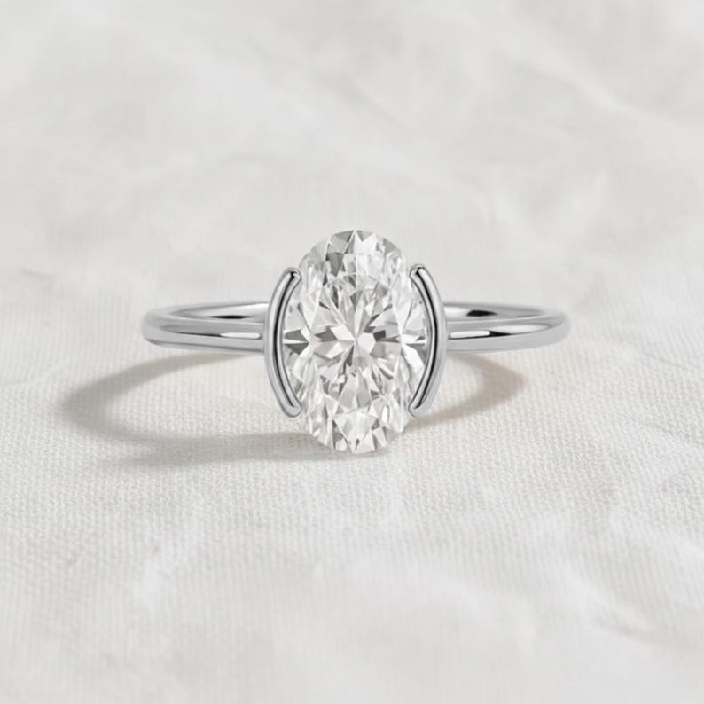 2 Carat Oval Lab Grown Diamond Half Bezel Solitaire Ring / 14K Gold Unique Oval Diamond Ring, Dainty Engagement Ring