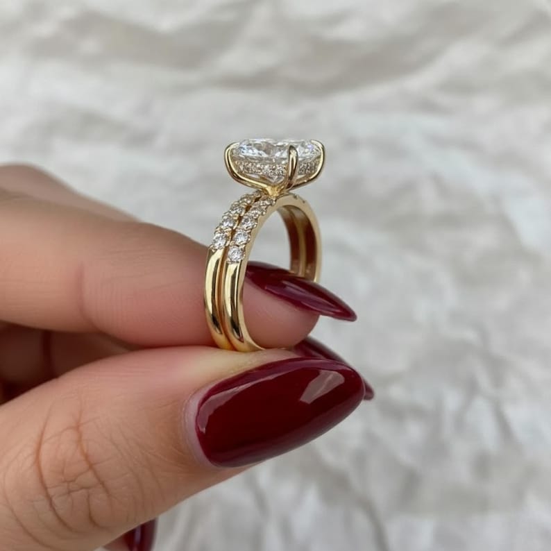Oval Cut Lab Grown Diamond Solitaire Engagement Ring Set, 14K Gold Matching Round Diamond Wedding Band