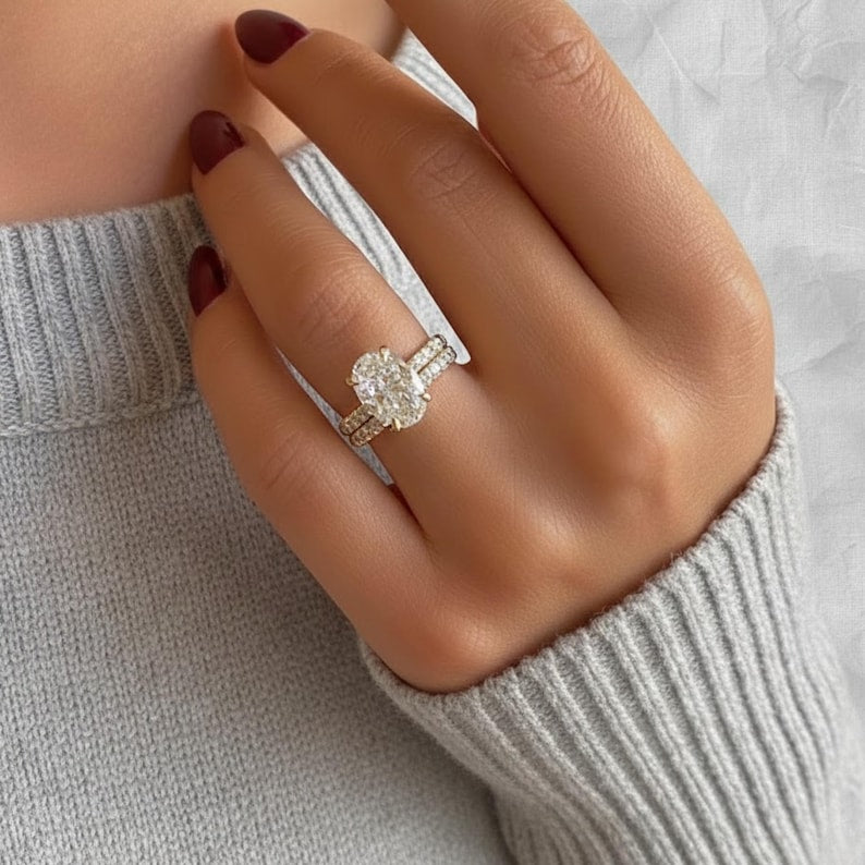 Oval Cut Lab Grown Diamond Solitaire Engagement Ring Set, 14K Gold Matching Round Diamond Wedding Band