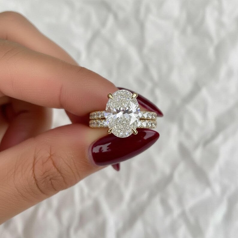 Oval Cut Lab Grown Diamond Solitaire Engagement Ring Set, 14K Gold Matching Round Diamond Wedding Band