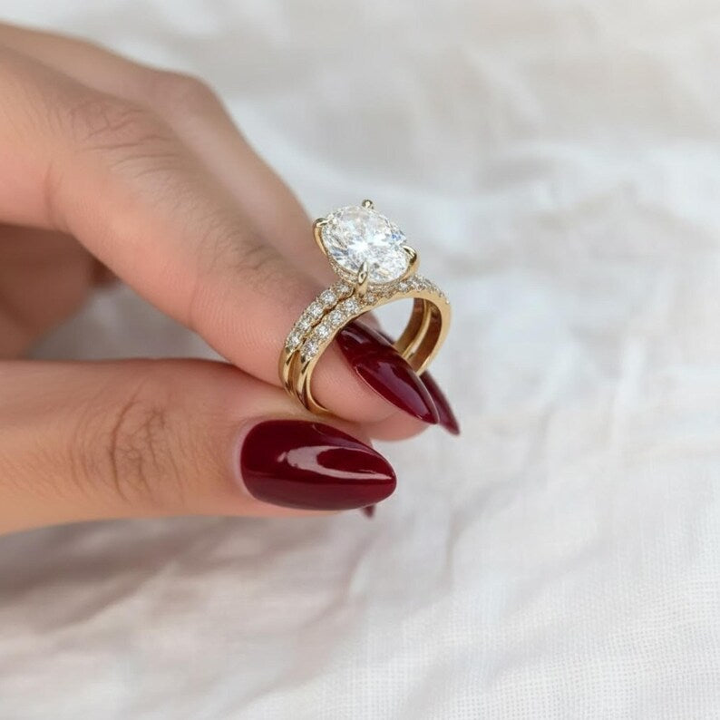 Oval Cut Lab Grown Diamond Solitaire Engagement Ring Set, 14K Gold Matching Round Diamond Wedding Band