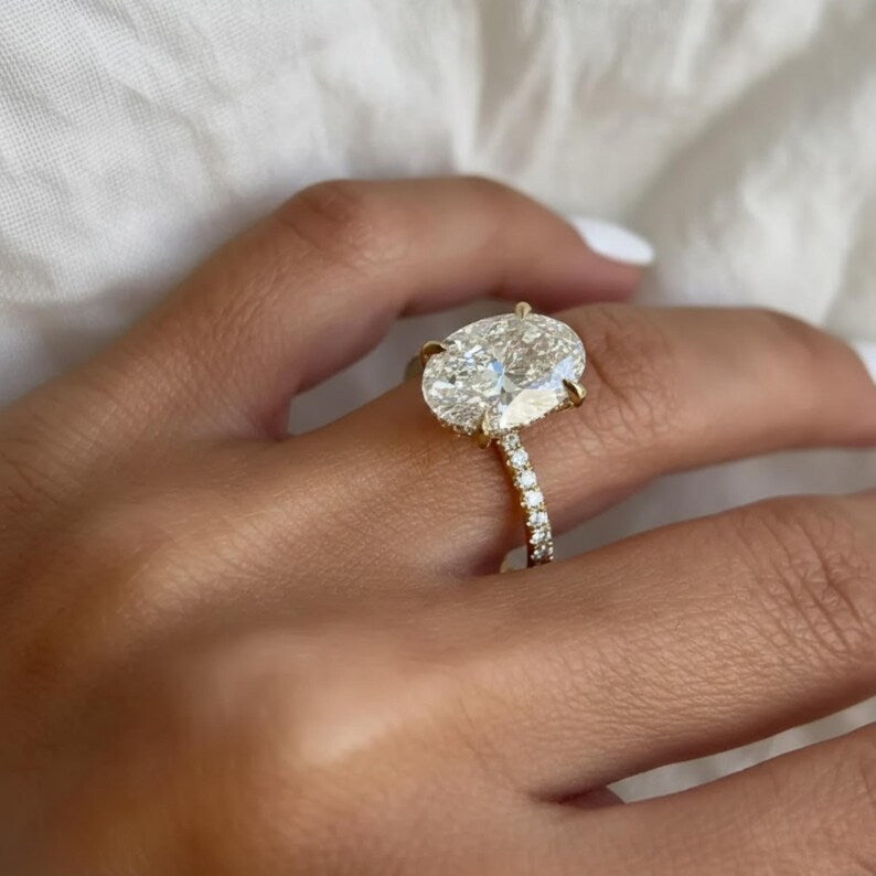 Oval Cut Lab Grown Diamond Solitaire Engagement Ring Set, 14K Gold Matching Round Diamond Wedding Band