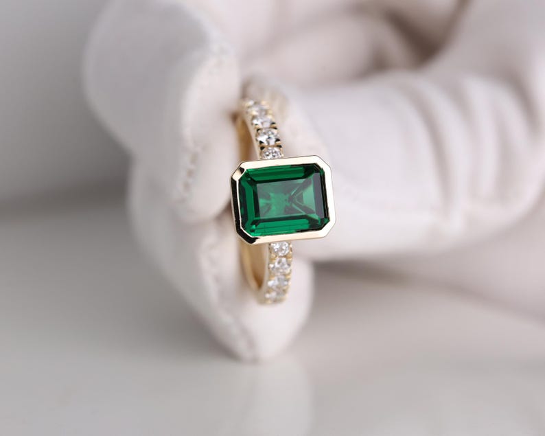 Emerald Gemstone Engagement Ring, 2.05 CT Emerald Cut Halo Wedding Ring, May Birthstone Ring