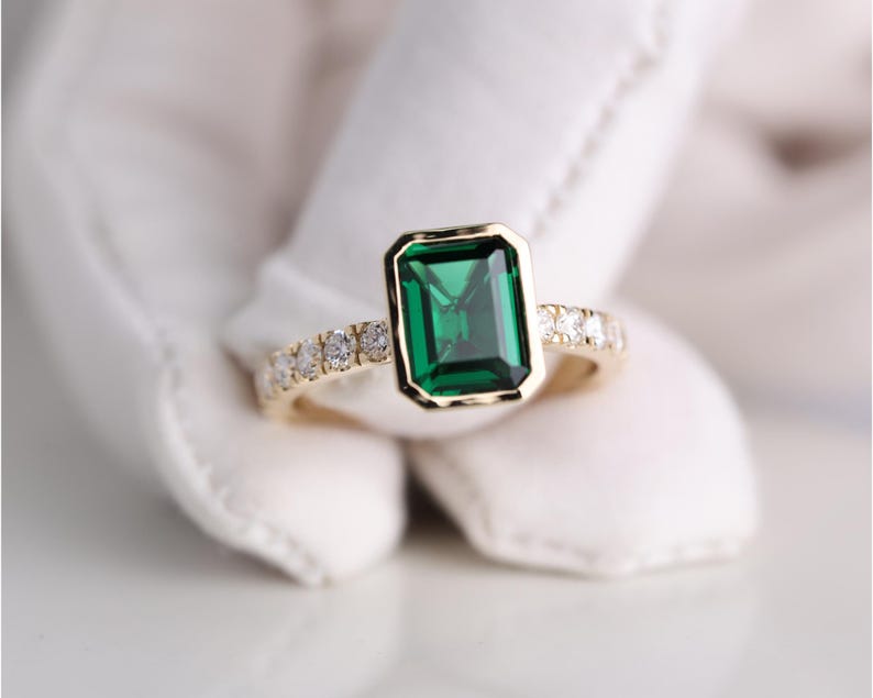 Emerald Gemstone Engagement Ring, 2.05 CT Emerald Cut Halo Wedding Ring, May Birthstone Ring