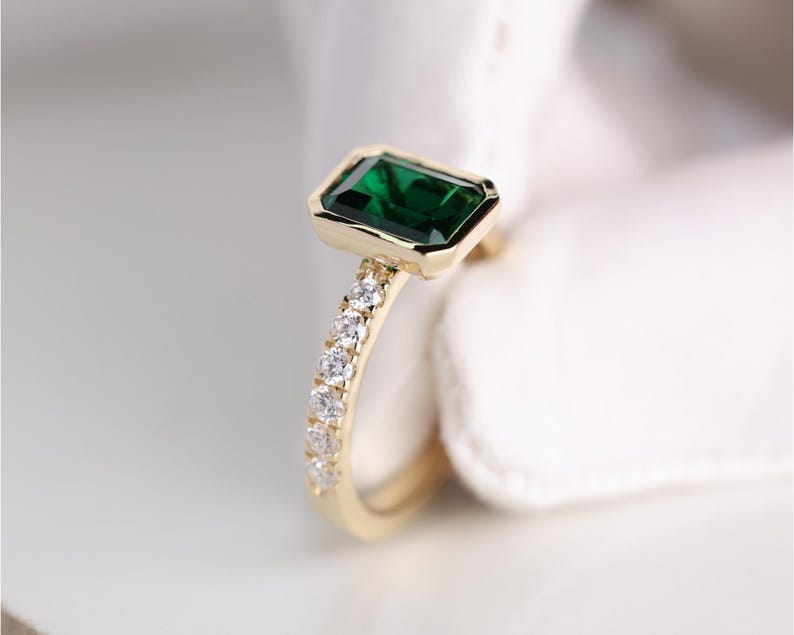 Emerald Gemstone Engagement Ring, 2.05 CT Emerald Cut Halo Wedding Ring, May Birthstone Ring