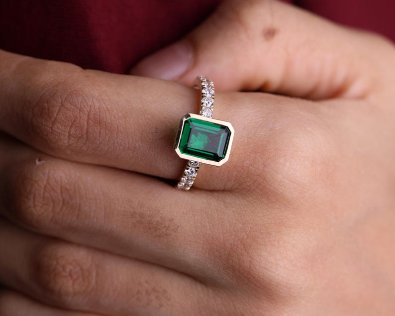 Emerald Gemstone Engagement Ring, 2.05 CT Emerald Cut Halo Wedding Ring, May Birthstone Ring