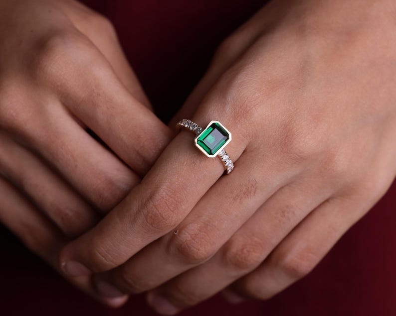 Emerald Gemstone Engagement Ring, 2.05 CT Emerald Cut Halo Wedding Ring, May Birthstone Ring