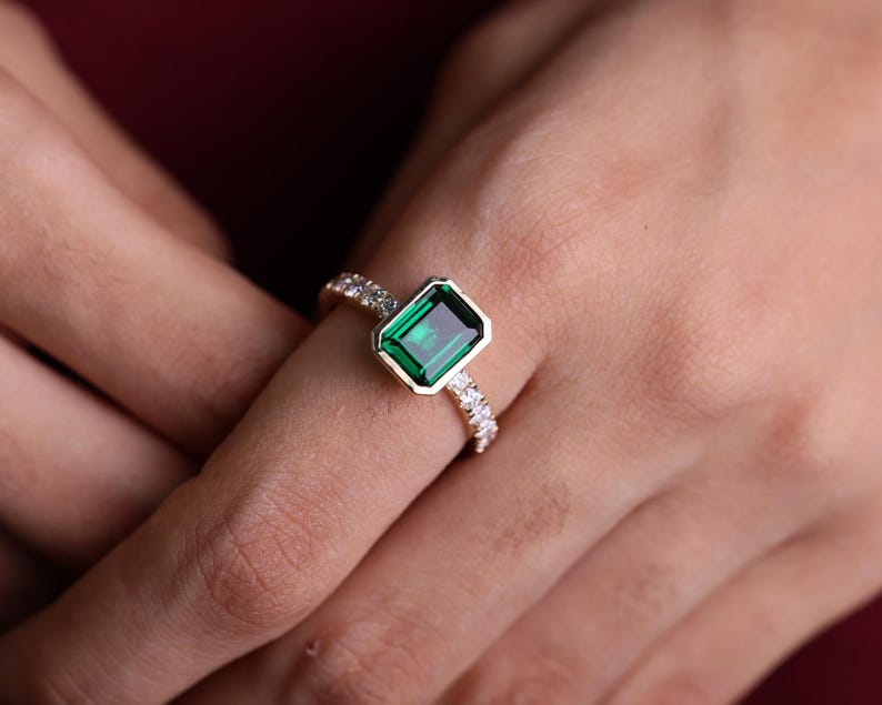 Emerald Gemstone Engagement Ring, 2.05 CT Emerald Cut Halo Wedding Ring, May Birthstone Ring