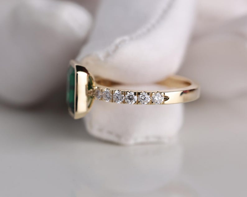 Emerald Gemstone Engagement Ring, 2.05 CT Emerald Cut Halo Wedding Ring, May Birthstone Ring