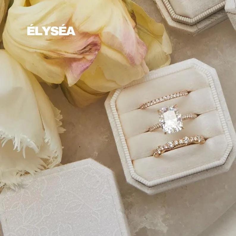 Oval Diamond Engagement Ring with Flush Fit Band, 14K Solid Gold Matching Ring Set