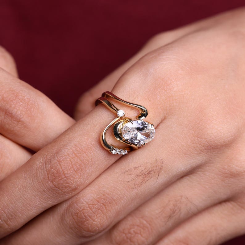 Oval Diamond Engagement Ring with Flush Fit Band, 14K Solid Gold Matching Ring Set