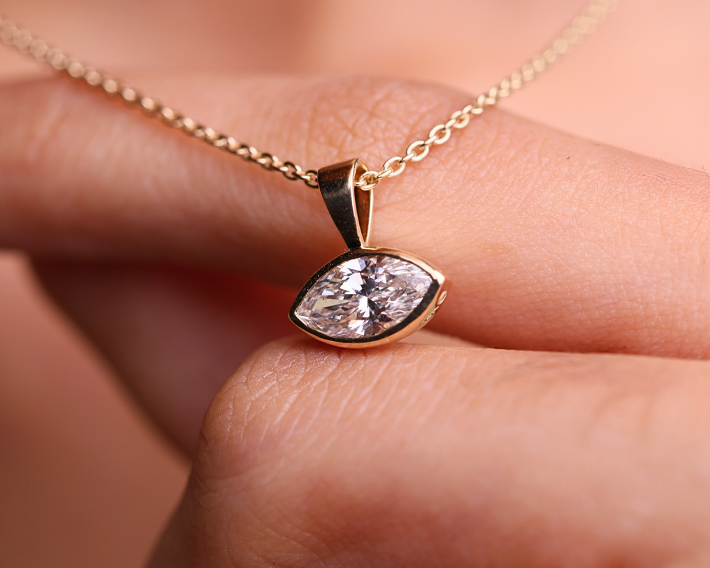 14K Solid Gold East West Marquise Cut Lab Grown Diamond Wedding Pendant For Women
