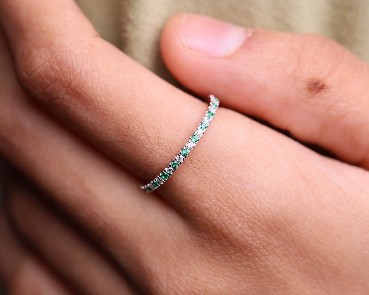 Emerald and Lab Grown Diamond Eternity Wedding Band